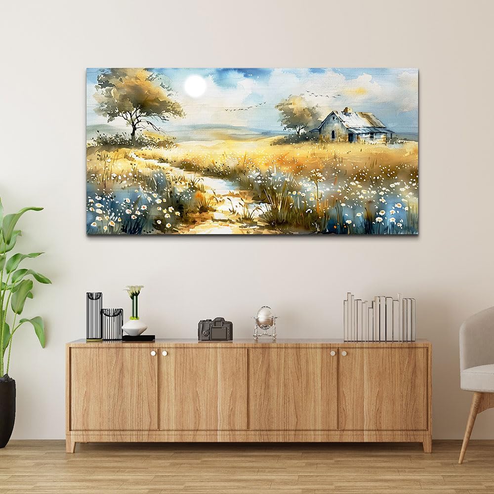 KELIYUAN Wildflower Field Landscape Painting Modern Canvas Print Wall Art Rural Field Mural Artwork Living Room Dining Room Wall Decoation For Bedroom Office Farmhouse Home Decoration 24x48 Inches