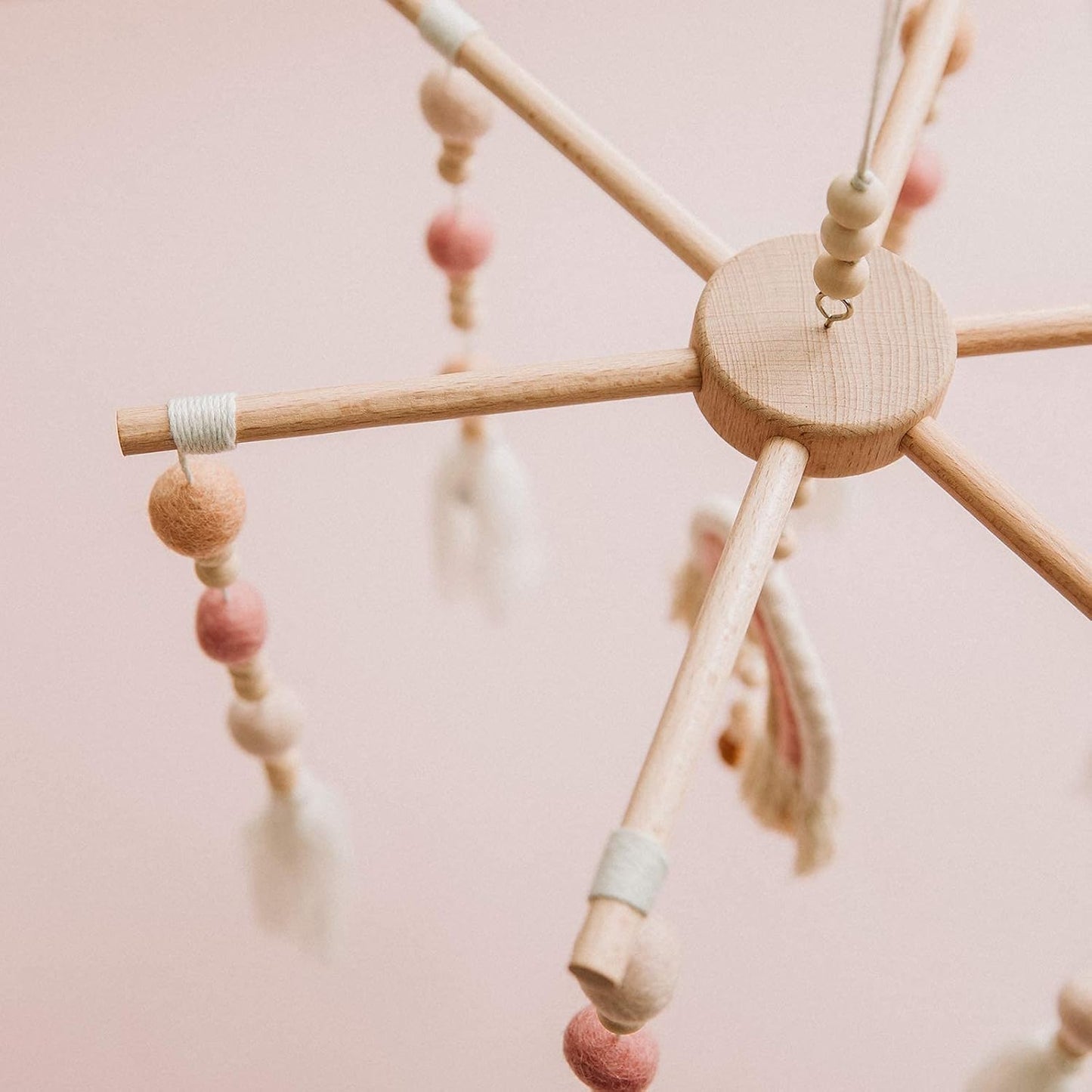 Baby Crib Mobile,Crib Mobile Wooden Mobile with Colorful Cotton Ball Wool Felt Ball Boho Baby Mobile Bassinet Mobile for Crib,Mobile for Baby Nursery and Ceiling Decoration