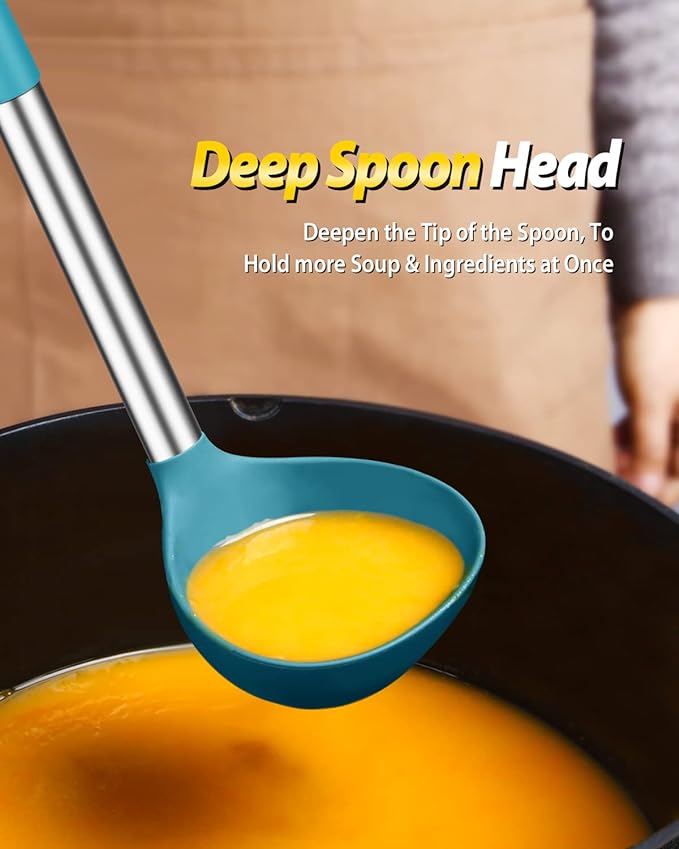 Silicone Pasta Fork and Ladle Spoon Set, Large Non Stick Kitchen Utensils for Cooking,Stirring,Serving Spaghetti, Soup, Sauce (BLUE)