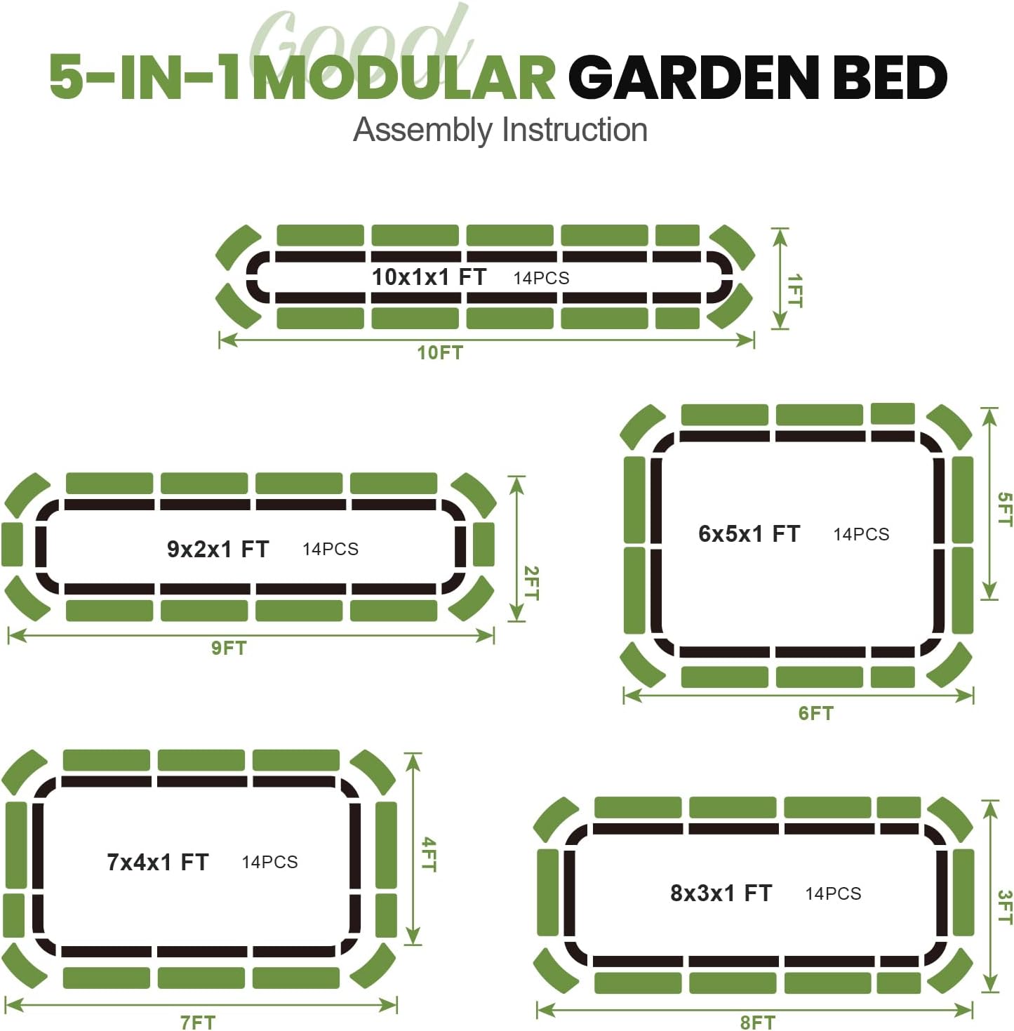 5-in-1 Adjustable Raised Garden Bed Kit | Galvanized Planter Boxes for Vegetables, Flowers | 12" Tall, Multiple Sizes (8x3x1ft, 9x2x1ft, 10x1x1ft, 6x5x1ft, 7x4x1ft) | Outdoor Metal Raised Bed, Grey
