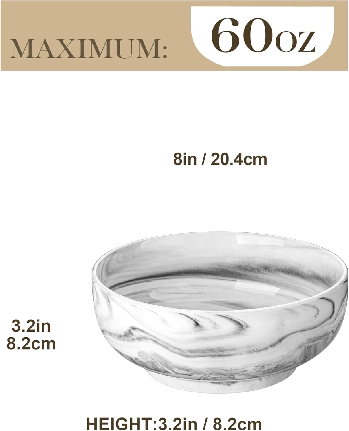 MALACASA Large Serving Bowls, 60 OZ (8'') Salad Bowls Set of 2, Ceramic Mixing Bowls for Kitchen, Serving Bowl for Soup, Pasta, Side Dishes and Entertaining, Marble Grey, Series REGULAR