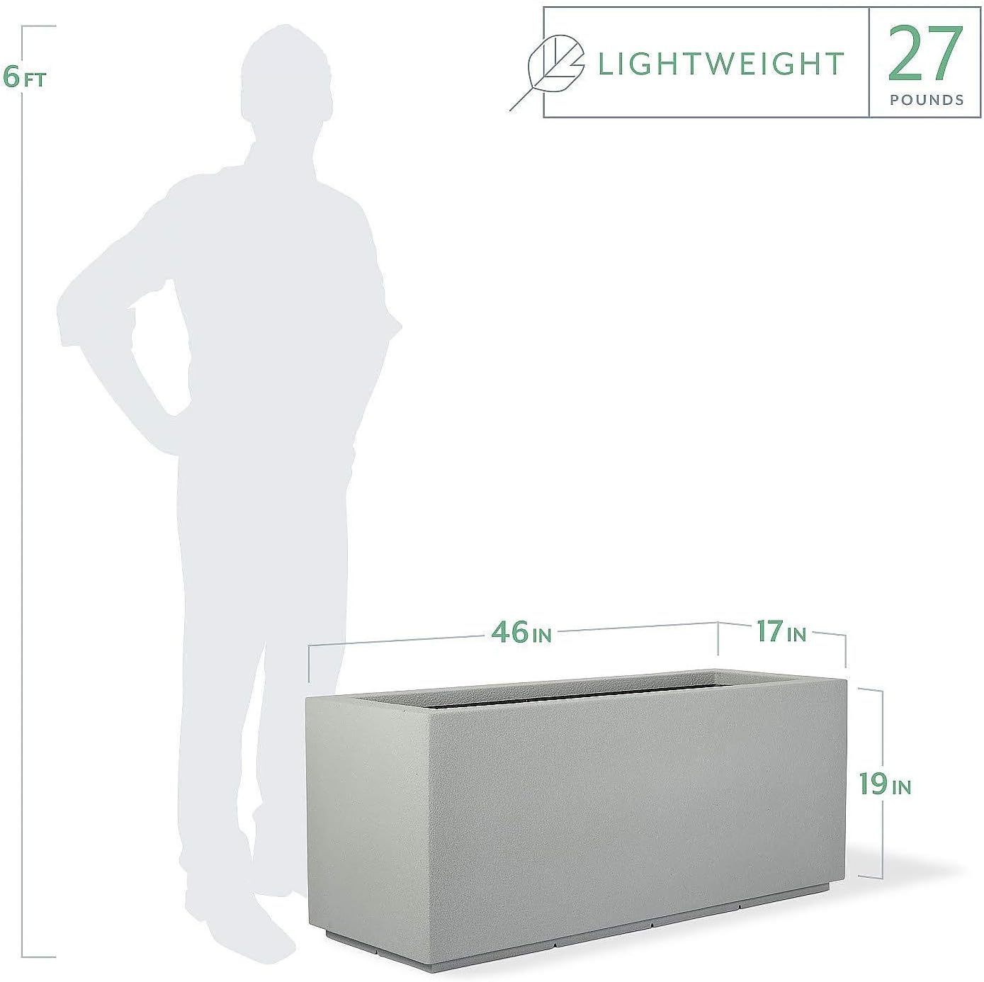 PolyStone Milan Tall Modern Outdoor/Indoor Rectangular Trough Planter, 46" L X 17" W X 19" H, Lightweight, Heavy Duty, Weather Resistant, Polymer Finish, Commercial and Residential (Concrete Gray)