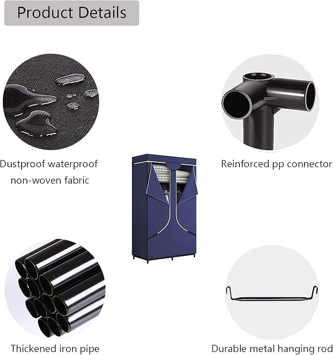 SORCEDAS Portable Wardrobe Closet Storage Organizer Metal Hanging Rack Non-Woven Fabric 34 Inch Coffee (34 Inch, Blue)