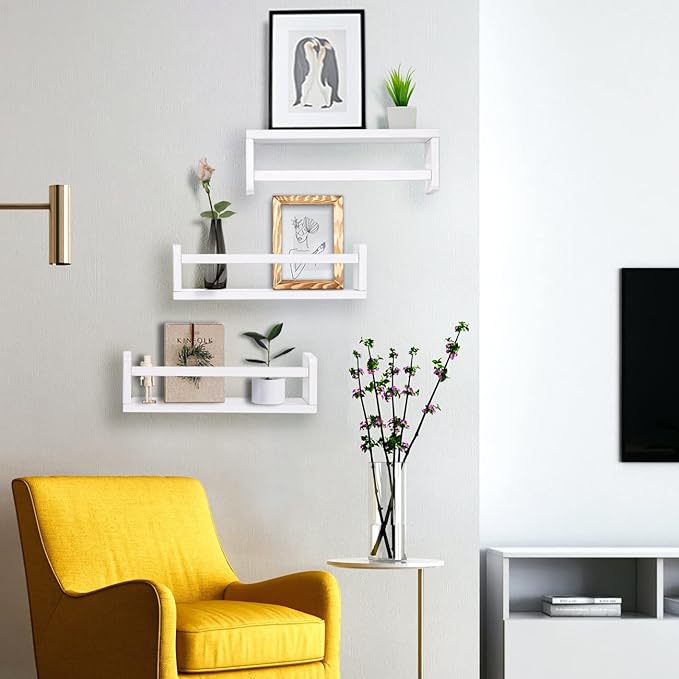 AZSKY Floating Bookshelf for Kids Room White Nursery Shelves Picture Ledge Wall Shelves for Bathroom Decor Kitchen Spice Rack Book Shelf Photo Organizer for Baby Nursery Décor 16 Inch Set of 3