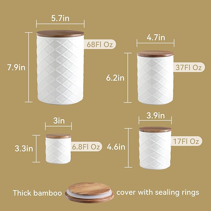 Sweejar Ceramic Canisters Sets for Kitchen Countertop, Relief Food Storage Jar with Bamboo Lid, Stackable Container for Flour, Coffee, Pasta, Cereal, Tea, Sugar, Spices, Pack of 4 (Walnut White)