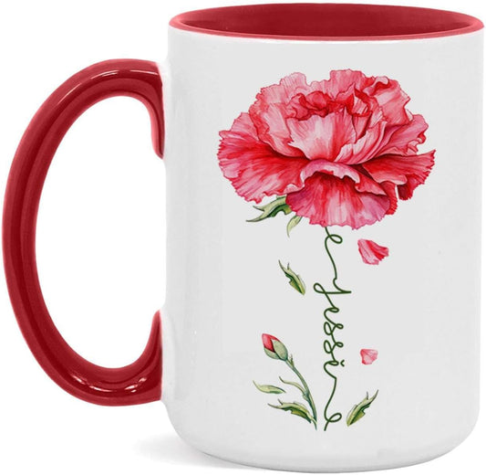 Personalized Floral Carnation Mug, Customized Name On Flower Coffee Cup, Unique Ceramic Tea Mug 11oz Or 15oz, Custom Carnation Flower Accent Cup, Gift For Daughter Mother