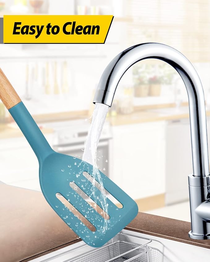 Pack of 2 Silicone Cooking Spatula, Heat Resistant Solid Turner, Non Stick Slotted Spatulas with Wooden Short Handle,Ideal Wood Kitchen Utensils Set for Frying, Baking, Flipping, Turning