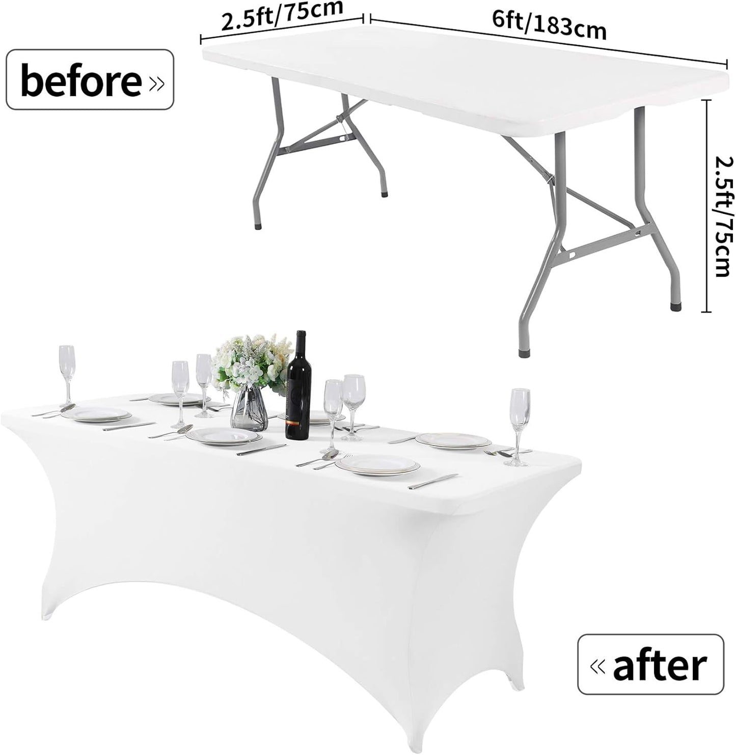 6PCS Spandex Table Cover for 6FT Table Universal Fitted Stretch Tablecloth for Party, Banquet, Wedding and Events-White