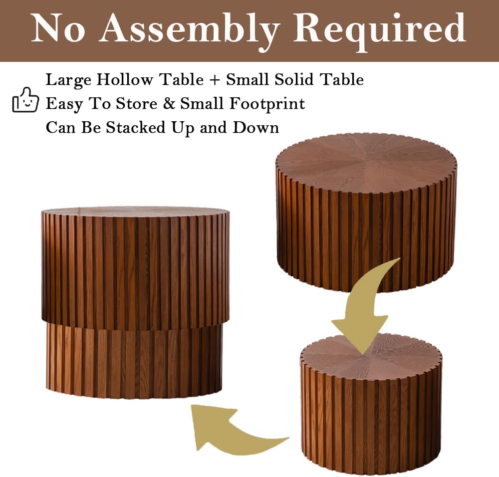 Round Nesting Coffee Table Brown Round Fluted Coffee Table Set of 2 for Living Room Small Circle Drum Nested Coffee Tables (Brown 18in)
