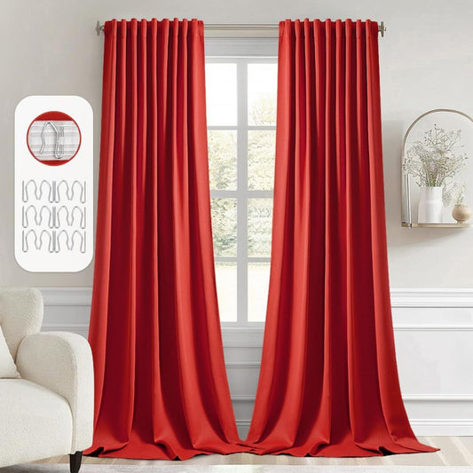 MIULEE Red Back Tab Blackout Curtain 96 Inch Long 2 Panels Set for Living Room Bedroom, Rod Pocket/Pinch Pleat Thermal Insulated Room Darkening Pleated Light Blocking Floor to Ceiling Drape