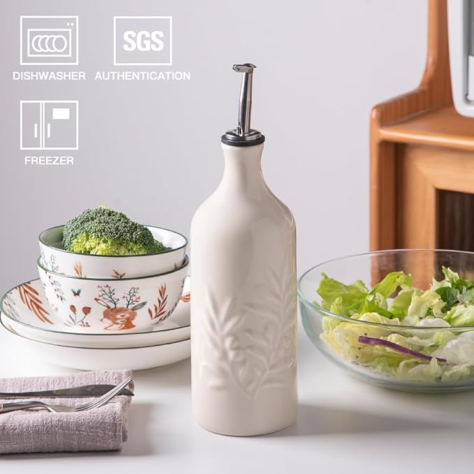 Sweejar Ceramic Olive Oil Dispenser Bottle, 20 Oz Relief Opaque Oil Cruet Protects Oil To Reduce Oxidation, Suitable for Storage Oil, Vinegar, Soy Sauce, Coffee Syrup, Liquids, Set of 1 (Beige)