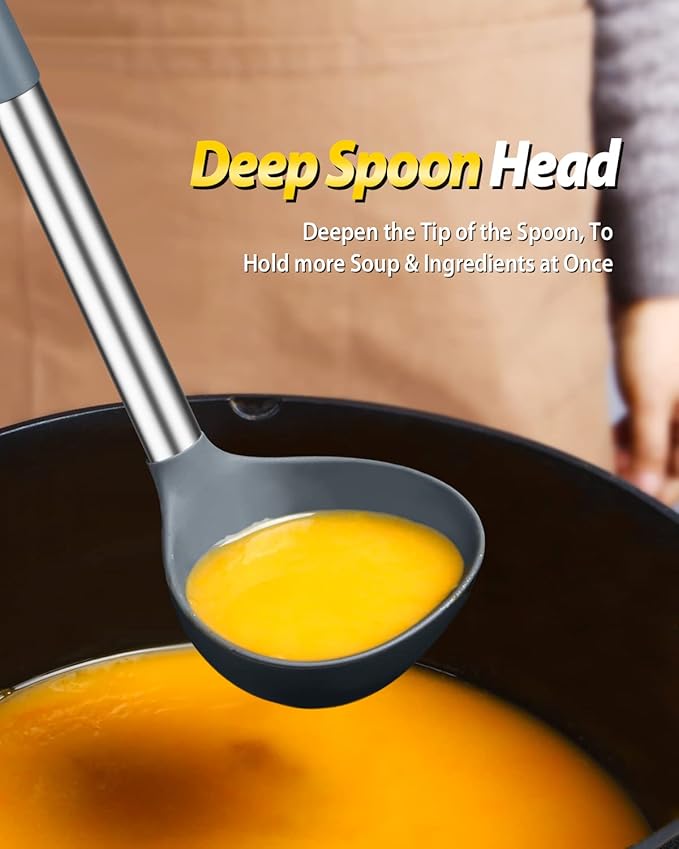 Silicone Pasta Fork and Ladle Spoon Set, Large Non Stick Kitchen Utensils for Cooking,Stirring,Serving Spaghetti, Soup, Sauce (GRAY)