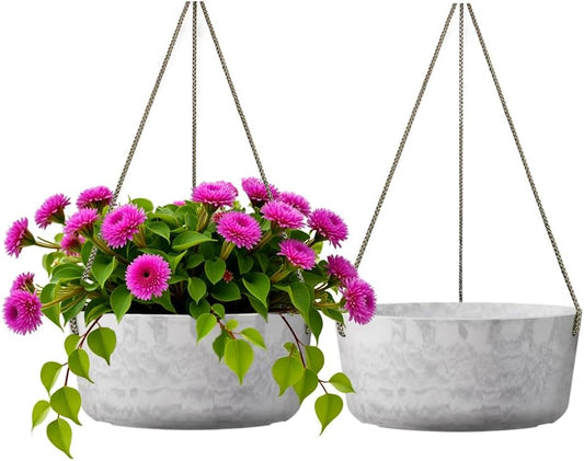 10.7 Inch Hanging Planter for Outdoor Indoor Plants，2 Pack Hanging Flower Pots with Drain Holes for Garden Home Decor Use (Marble)