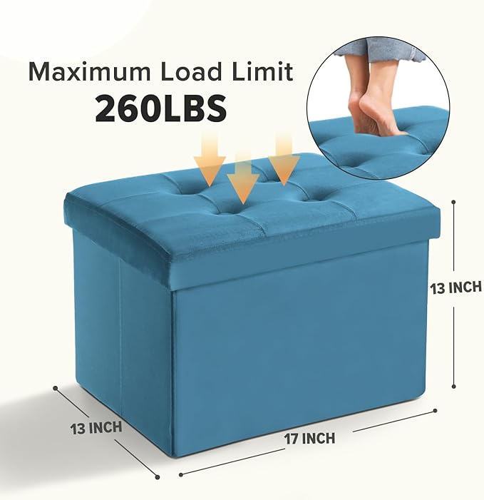 LINMAGCO Storage Ottoman Folding Foot Stool Velvet Foot Rest with Padded Modern Ottoman with Storage for Living Room Puppy Step Stool 17x13x13in(Blue)