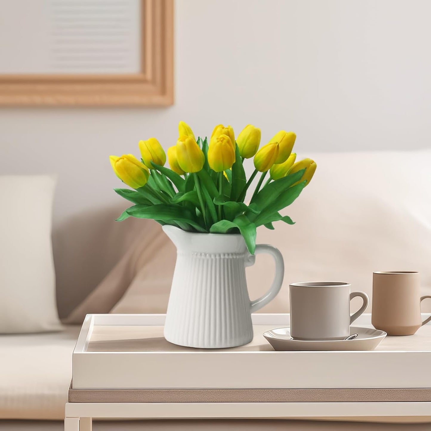 15pcs Artificial Tulips Flowers, Fake Tulips Real Touch, Faux Latex Bouquets, for Party Wedding Home Room Decoration (Yellow)