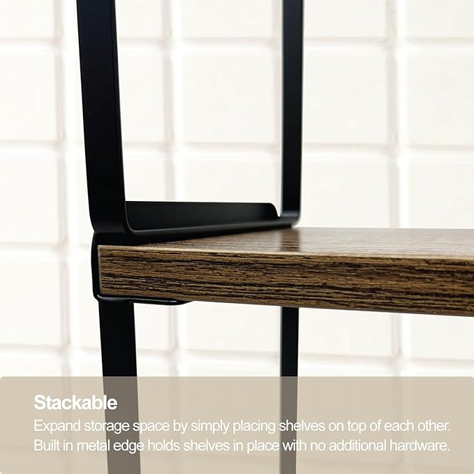 Mitus Shelf Organizer and Storage, Tiered Wood Cabinet Rack for The Kitchen Counter, Bathroom Counter, Pantry Cupboard, Office Desk Bookshelf, 16" Wide Walnut Brown and Black (Large)