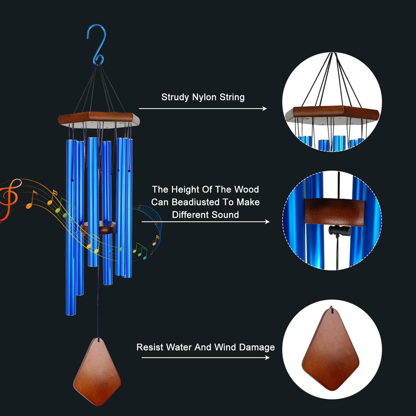 Wind Chimes for Outside, Windchime Outdoor with 6 Tuned Tubes, Elegant Chime for Garden Patio Decoration, Blue