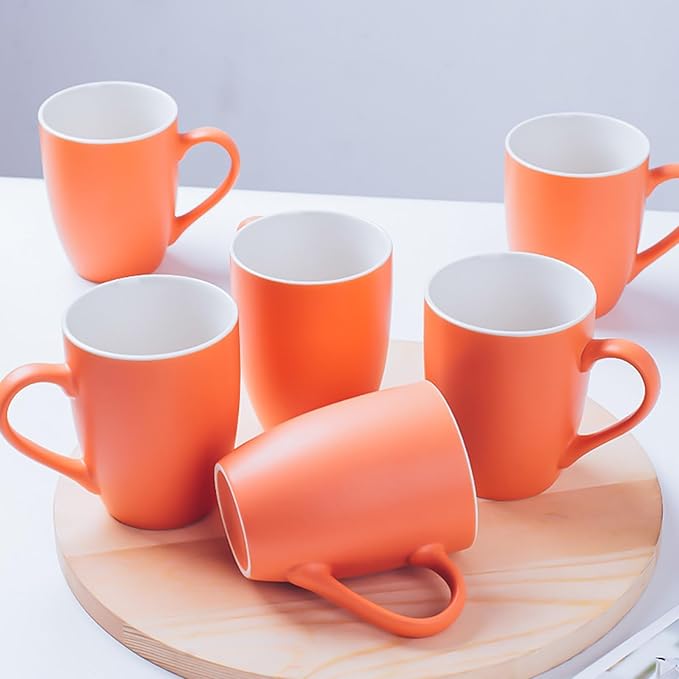 Coffee Mugs Set of 6, 12oz Ceramic Coffee Mugs with Handle, Matte Porcelain Orange Coffee Mug for Latte, Tea, Cocoa, Cappuccino, Cups for Women Men for Home Restaurant Mug (Orange)