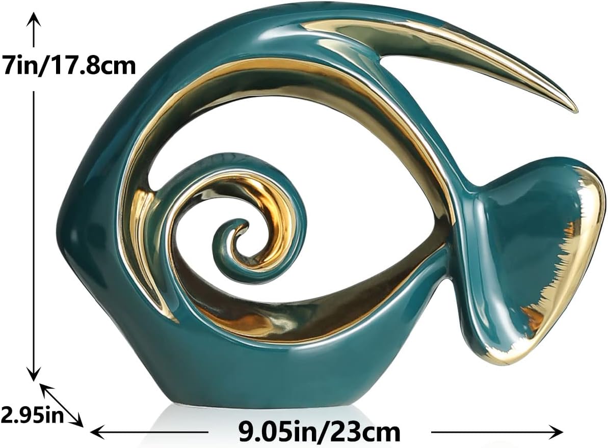 Green Gold Ceramic Fish Figurines - Coastal Home Decor, Modern Ocean Centerpieces for Living Room, Dining Area, Bathroom, Office, Coffee Table, Beach House, Nautical, Seaside, Entrance, Shelf Display