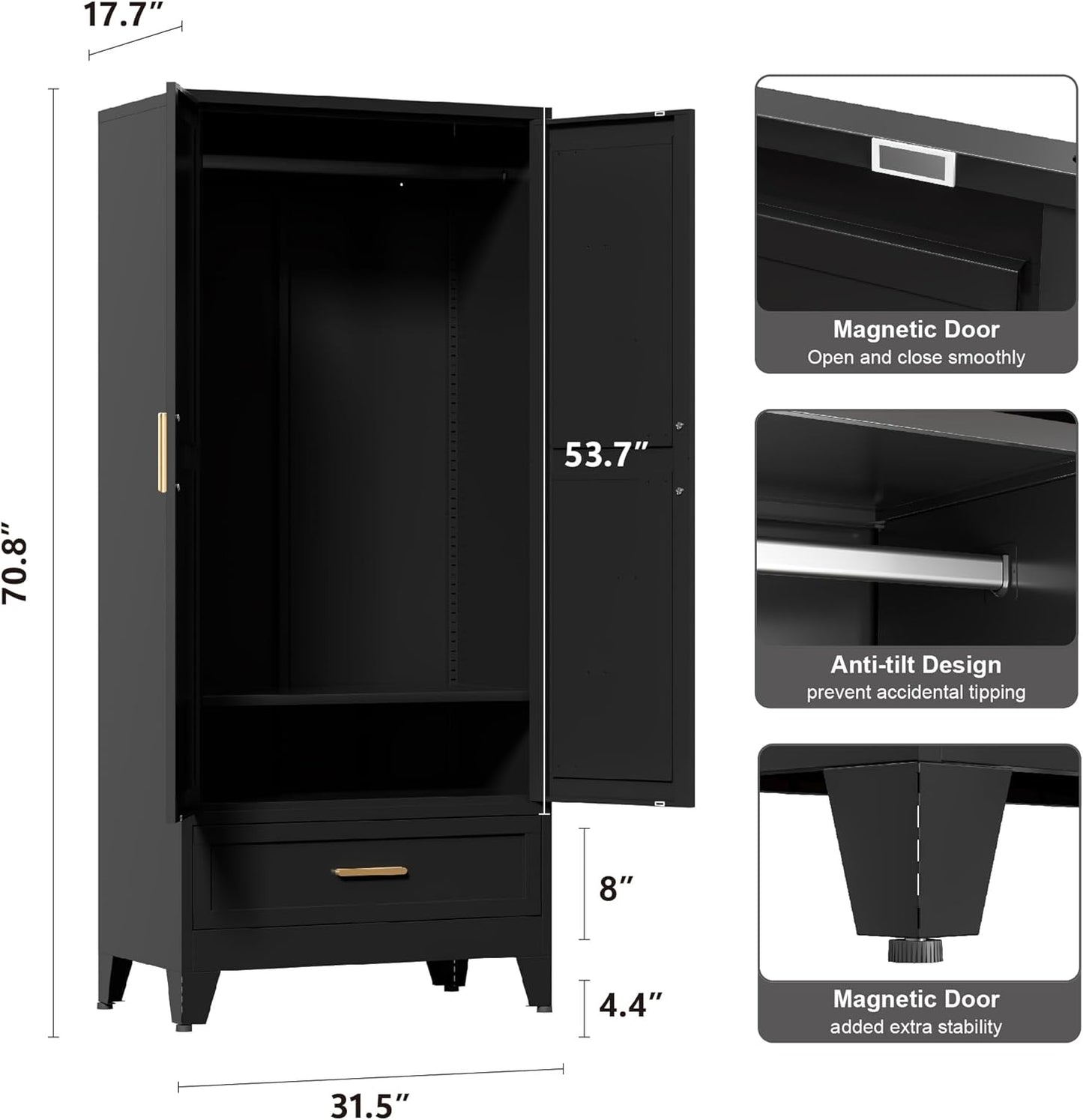 71'' Black Farmhouse Metal Wardrobe Cabinet with Hanging Rod, 2 Barn Door Wardrobe Closet with Adjustable Shelves,Drawer,for Dining Room,Bedroom,Living Room, Cloak Room,Office