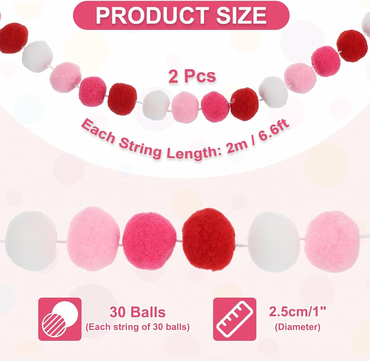 PATIKIL 13Ft Pom Pom Garland Decorations, 2Pcs Colorful Felt Ball Garland Banner Cute Rainbow Pompom Hanging Decorations for Tree Ornaments Homes Decor, Pink/White/Rose Red
