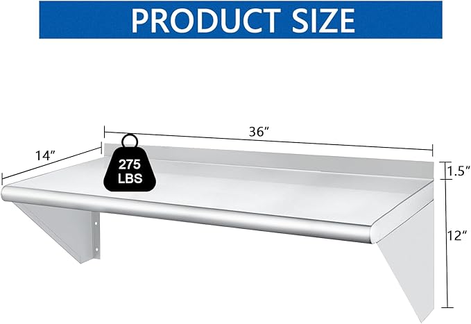 HARDURA Stainless Steel Shelf 14" x 36", 275lb Commercial Shelves Wall Mount Metal Shelving with Backsplash and Brackets for Kitchen, Restaurant, Laundry Room and Home