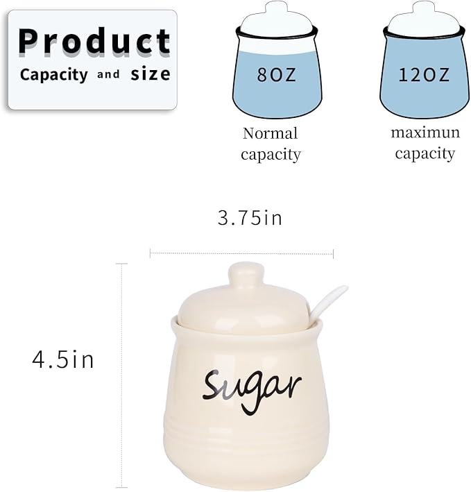 HAOTOP 12oz Sugar Bowl with Lid and Spoon,Ceramic Sugar Jar Sugar Dispenser Sugar Container Coffee Bar Accessories, Kitchen Countertop Canisters, Beige