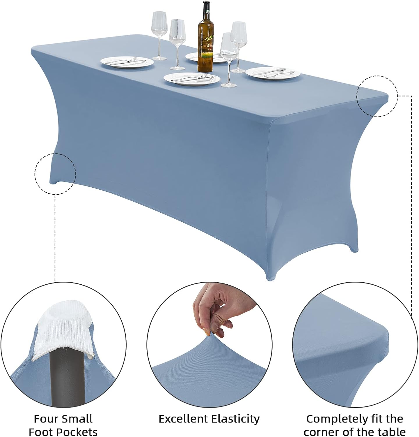 CWK 8FT Waterproof Stretch Spandex Table Cover for Rectangular Tables - Elastic Fitted Tablecloth for Folding Tables,Wrinkle Resistant Table Cloth for Parties, Weddings, Banquets & Events (Sky Blue)