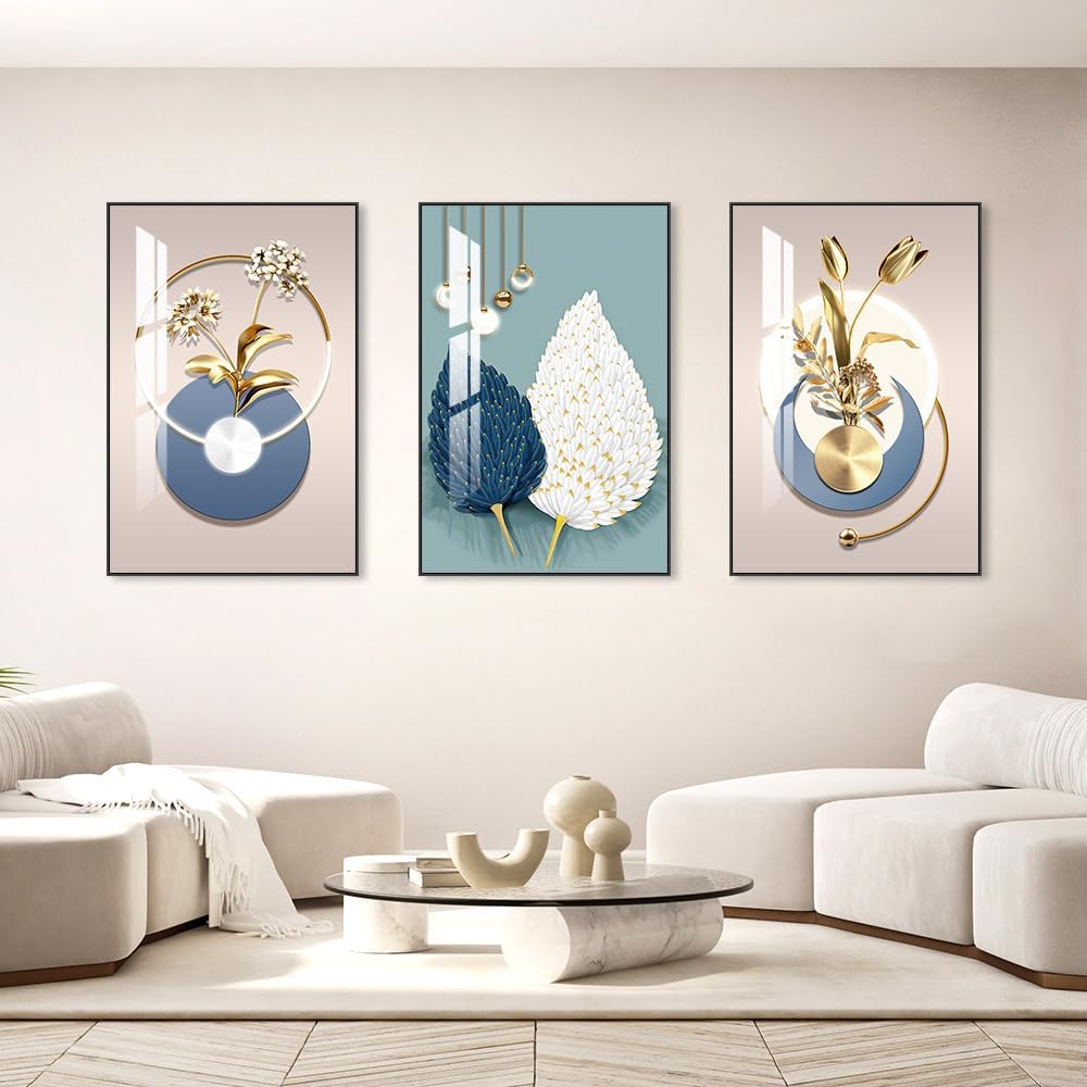 MPLONG Abstract Modern Minimalist Natural Framed Decorative Painting - Large Size Wall Art Set of 3 Wall Decor for Living Room, Bedroom, Dining Room, Office, etc. (Blue, 20 "X 28" X 3 pieces)
