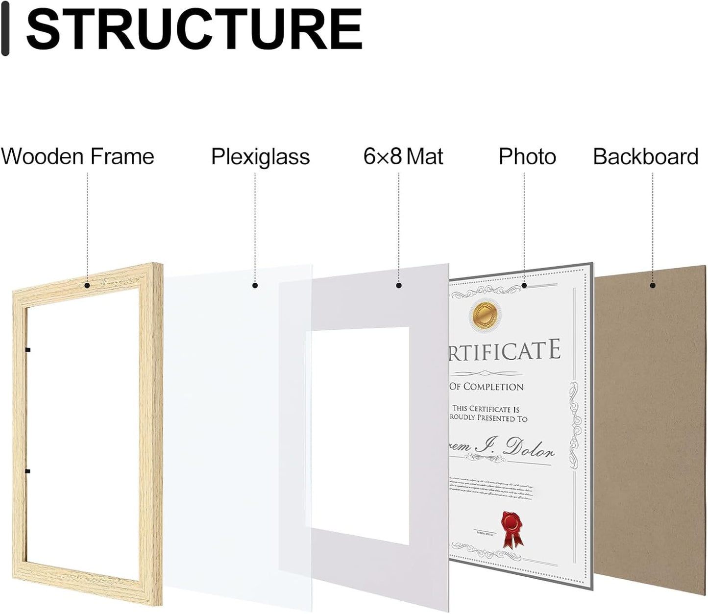 Vittanly 8.5x11 Picture Frames Set of 9, Shatter Resistant Plexiglass, Display 6x8 Pictures with Mat or 8.5x11 without Mat, Photo Frames for Wall or Tabletop, Engineered Wood, OAK