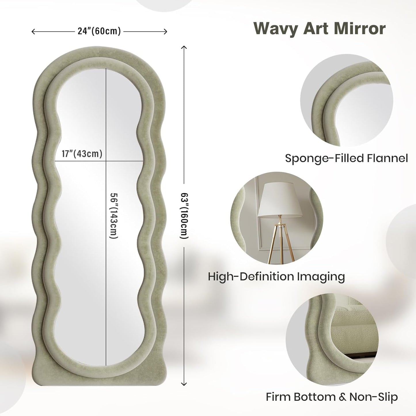 Full Length Mirror 63"x24" Arched Wavy Full Body Wall Mounted Floor Mirror with Stand Sage Flannel Frame Leaning Hanging Wall Mirror for Bedroom Entrance Hallway
