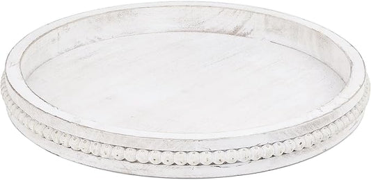 Round Wood Serving Tray with Beads, White Washed Wooden Decorative Tray for Entertaining, Decoration, and Gifting