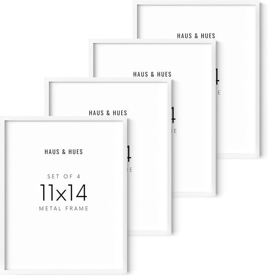 HAUS AND HUES Set of 4 Photo Frames 11x14 - Metal Picture Frames White Frames Gallery Wall, 11x14 Frame White Picture Frames Pack White Gallery Wall Frame Set of Frames (White Aluminum Frames)