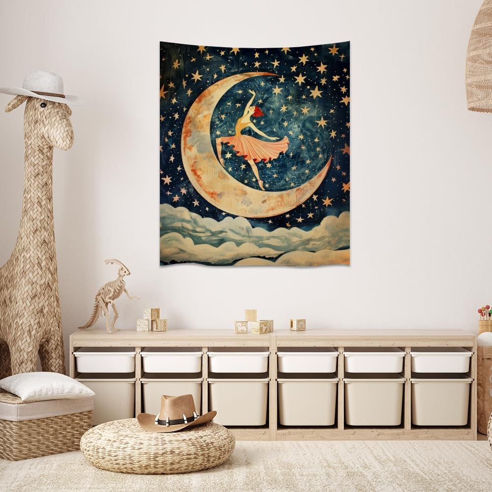 Dancer on the Moon Tapestry Starry Night Sky Art Print Dark Academia Gothic Aesthetic Wall Hanging Stars Moon Clouds Tapestries Whimsical Wall Decor for Nursery Bedroom 70x90inch