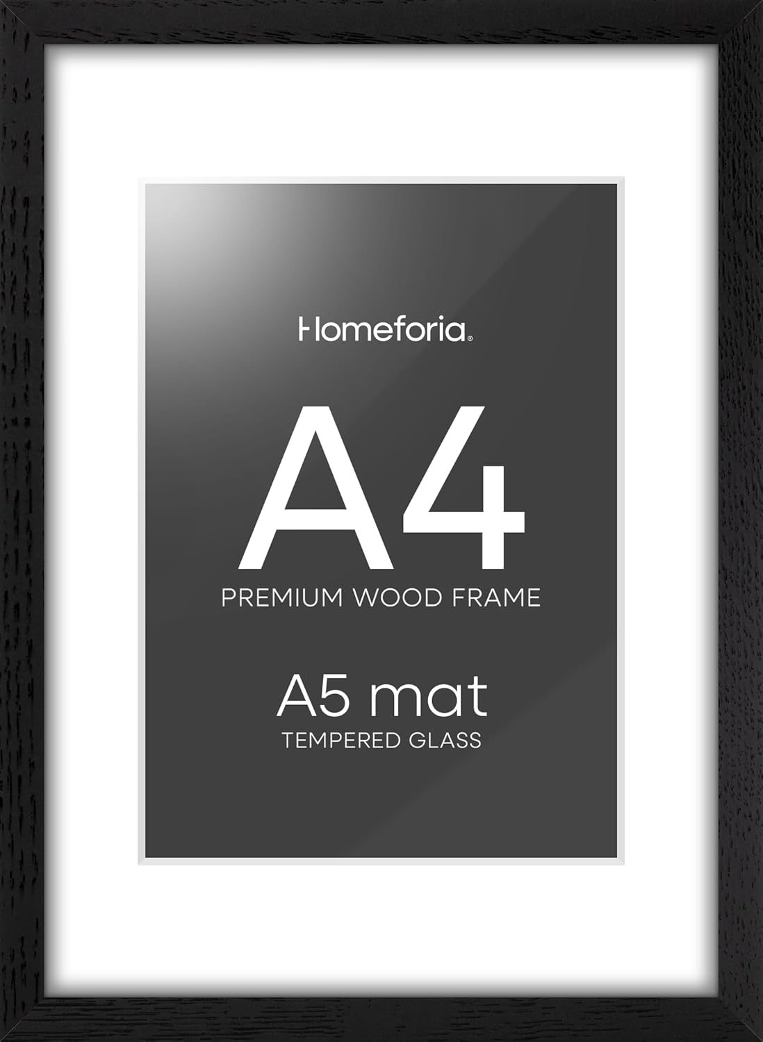 Homeforia A4 Picture Frame Black Wood, High-End Oak 8.3 x 11.7 Black Poster Frames Matted to 5.8 by 8.3 Photo, 8.3x11.7 Size Wooden Frame with Mat for 5.8x8.3 Print, Tempered Glass, Wall Kit, Set of 1