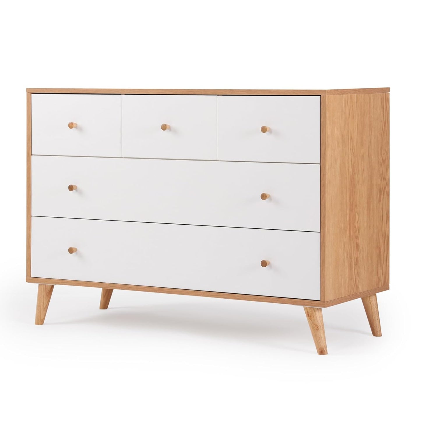 dadada Austin 5-Drawer Dresser for Nursery and Bedroom - Modern Design, Large Storage, Baby-Safe Finish, Anti-Tip Safety, Solid Wood Feet, Durable Construction (White+Red Oak)