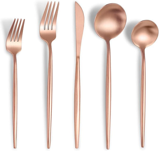 Matte Rose Gold Silverware Set for 4,Modern Stainless Steel Brushed Cutlery Set,20-Pieces Heavy Duty Flatware Set,Knives Spoons and Forks Set Utensils Set, Satin Finish, Dishwasher Safe