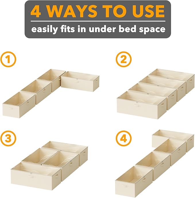 SpaceAid 4 Pack 10" High Under Bed Storage Containers, Large Underbed Storage Organizer Bins with Lids for Bedroom, Dorm, Clothes, Closet Organization, Bed Sheets and Blankets (Beige)