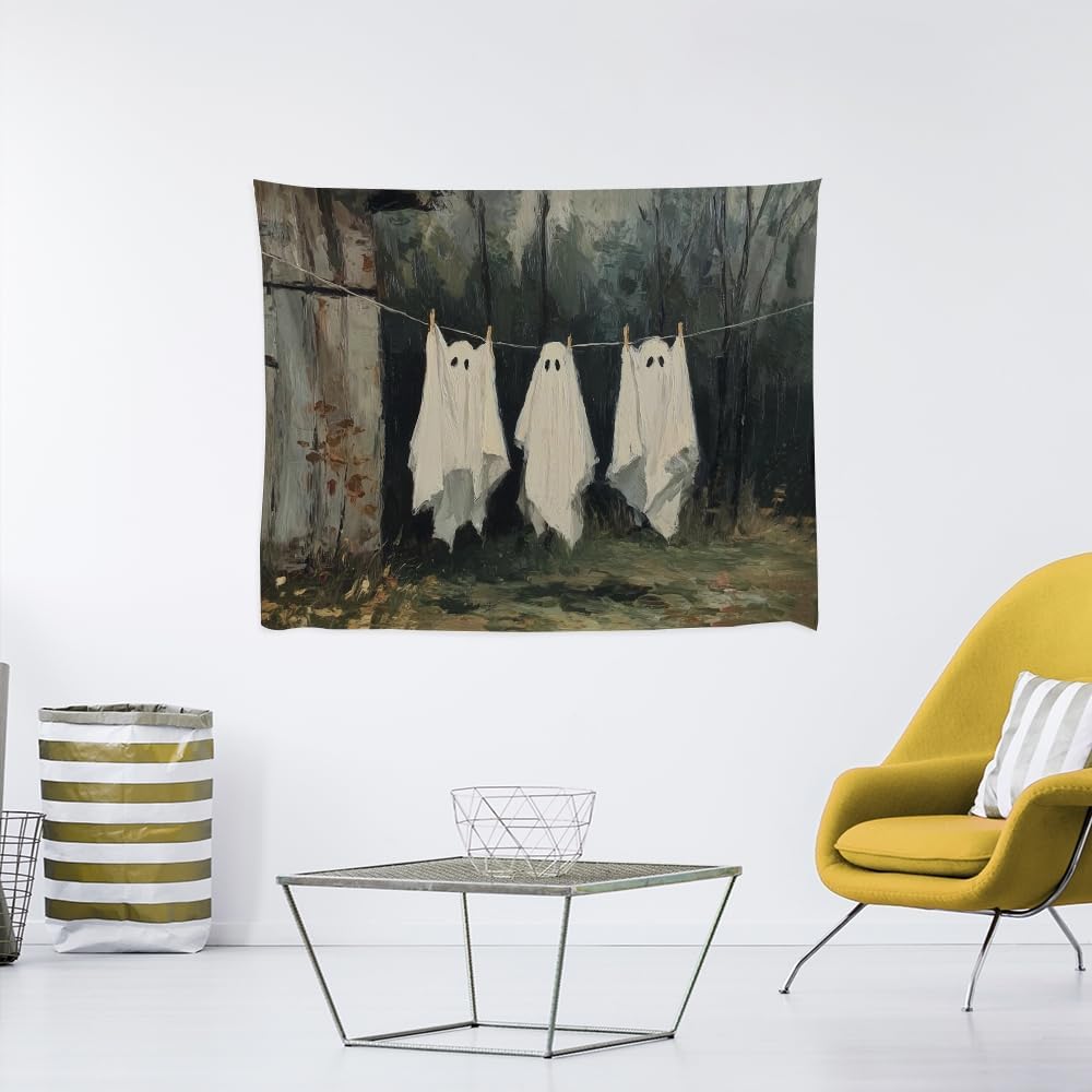 Vintage Halloween Tapestry Funny Ghosts on Clothesline Tapestry Wall Hanging Farmhouse Gothic Room Decor Spooky Ghost Prints for Dark Academia Halloween Party House Decoration Tapestries 30x40inch