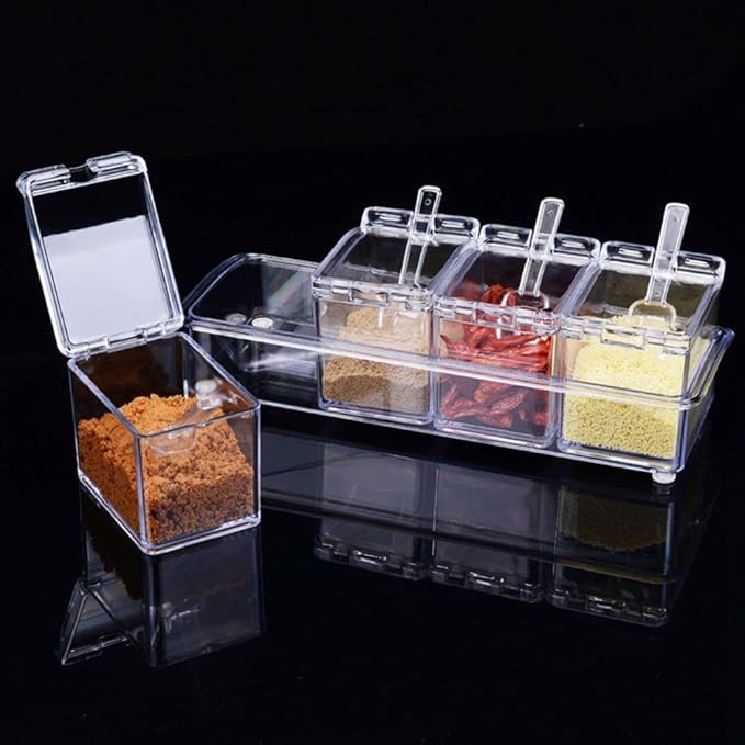 Clear Seasoning Box - 4 Piece Acrylic Spice Storage Container storage Tool for Kitchen Herb Spice Tools Gadgets-Cruet with Lid and Spoon