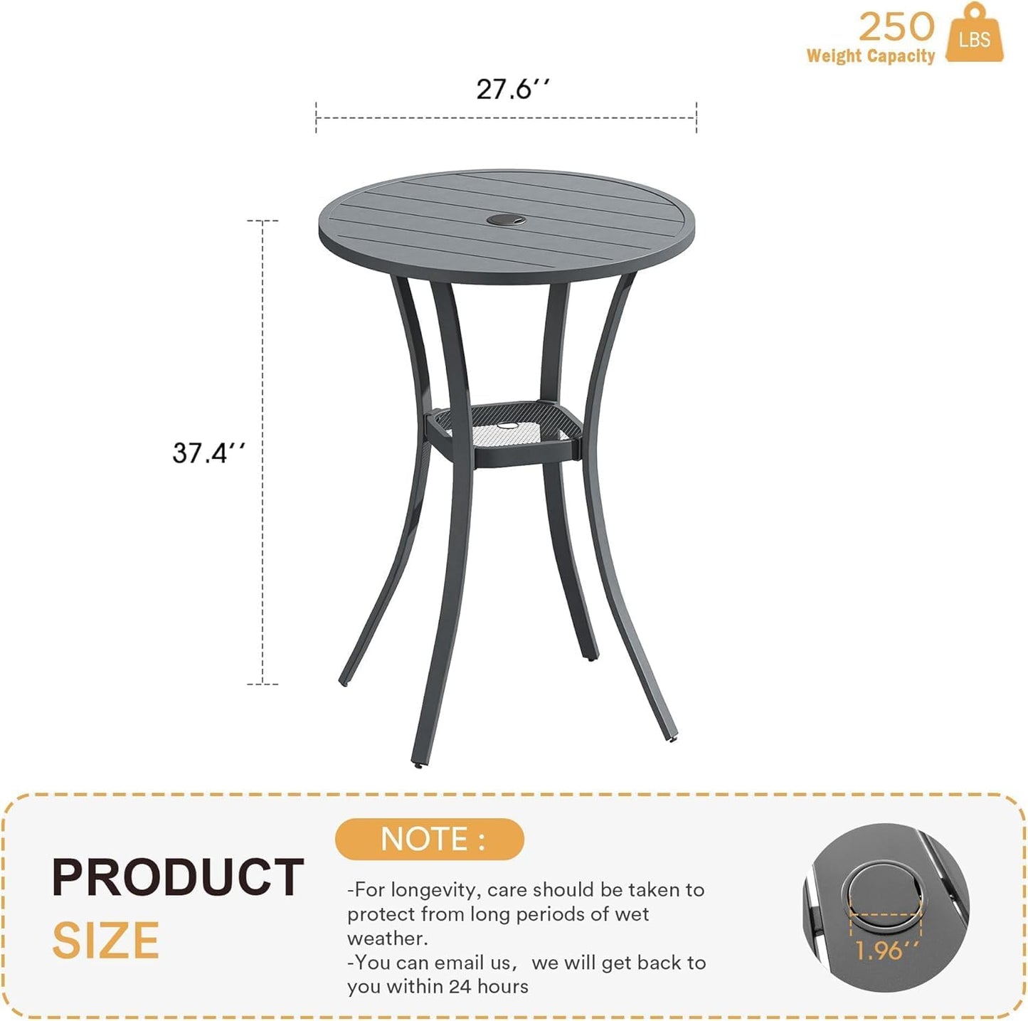 VICLLAX 28" Round Outdoor Bar Table with Adjustable Umbrella Hole, Counter Height Outdoor Furniture for Balcony, Grey Wood-Like