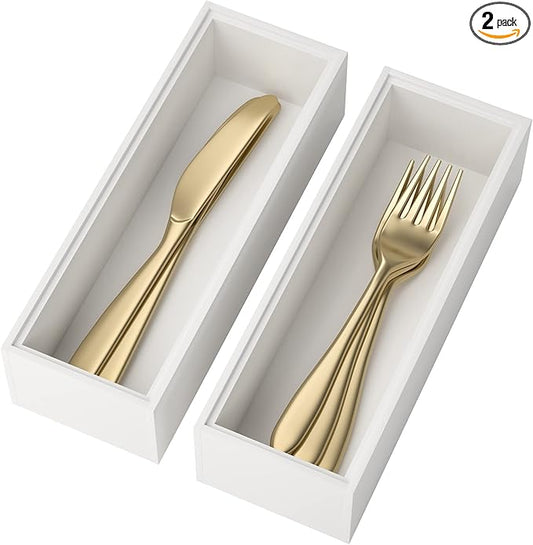 Utensil Organizer Silverware Drawer Organizer - Set of 2, Stackable Kitchen Organization, Bamboo Storage Box Tray for Kitchen Gadgets Bathroom Countertop (White)