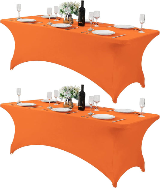 2Pack Spandex Table Cover for 8FT or 4ft or 6ft Table Universal Fitted Stretch Tablecloth for Party, Banquet, Wedding and Events-Orange