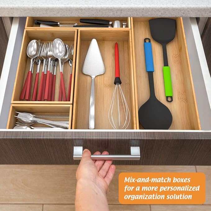 Bamboo Kitchen Drawer Organizer, Wooden Storage Box for Utensil Organizer Silverware Tray Cutlery Holder Flatware Containers - Multi-Use Deep Drawer Dividers Organizer for Bathroom, Jewelry (9"6"2.5")