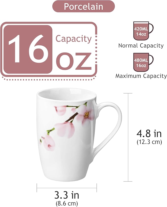 VEWEET Large Coffee Mugs Set of 6, 16 OZ Coffee Cups Set with Handle, Floral Mug Sets Ceramic Cup Set for Kitchen, Microwave& Dishwasher Safe, Series ANNIE