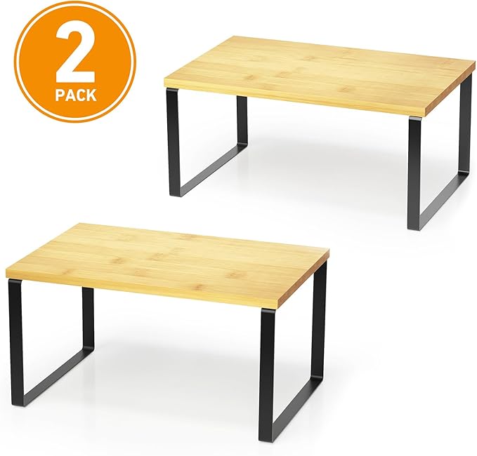 SpaceAid Cabinet Shelf Organizers 2 Pack, Kitchen Counter Rack Shelves Riser, Stackable Expandable Spice Rack, Pantry Cupboard Storage Organization (Black and Natural, Short)