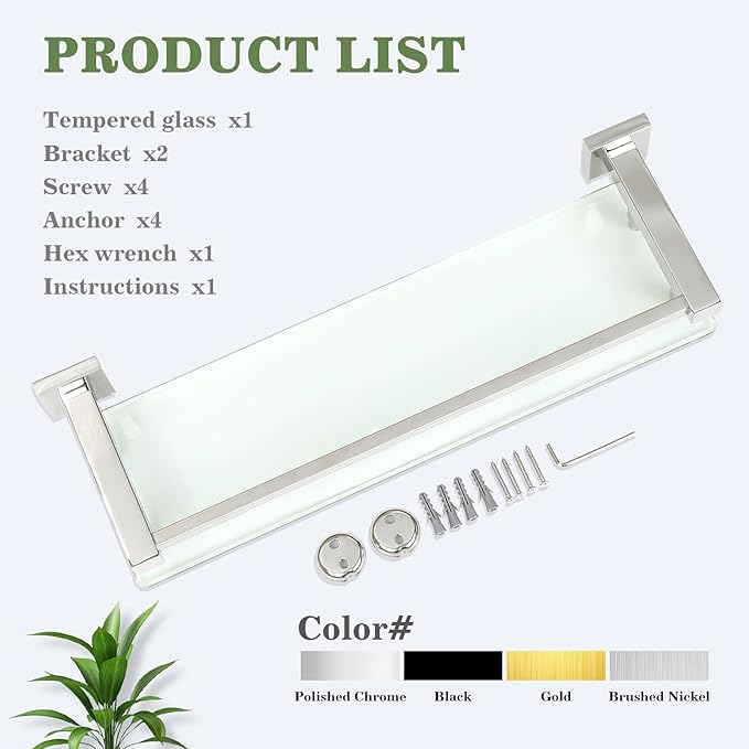 Alise Bathroom Shelves, Polished Chrome Glass Shelf for Bathroom, Modern Floating Shelves, 20 inch