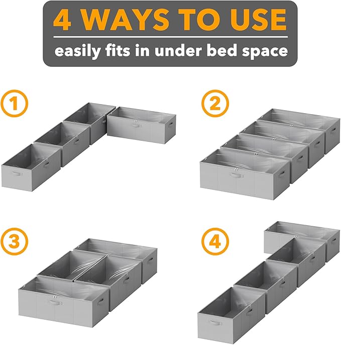 SpaceAid 4 Pack 10" High Under Bed Storage Containers, Large Underbed Storage Organizer Bins with Lids for Bedroom, Dorm, Clothes, Closet Organization, Bed Sheets and Blankets (Gray)