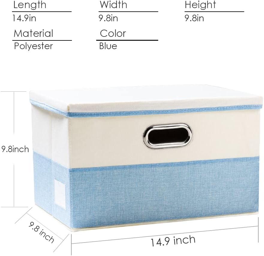 PRANDOM Collapsible Storage Bin with Lid [3-Pack] Fabric Foldable Storage Box Organizer Container Basket Cube with Cover for Home Bedroom Closet Office Nursery Blue&Cream(14.9x9.8x9.8)