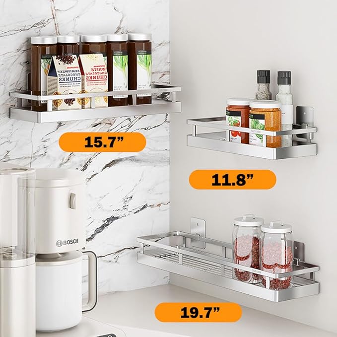 SUS304 Stainless steel Wall Mount Spice Rack Storage Basket - Seasoning Container, Kitchen Spice Organizer -Kitchen Seasoning Hanging Rack - Bathroom Shelf (Silver)